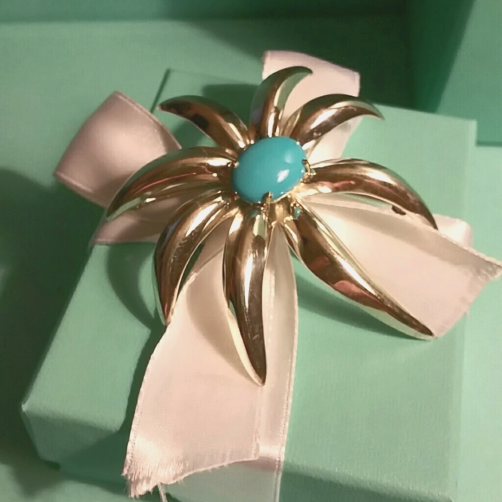 Tiffany & Co. Rare SS & 14k Turquoise Brooch